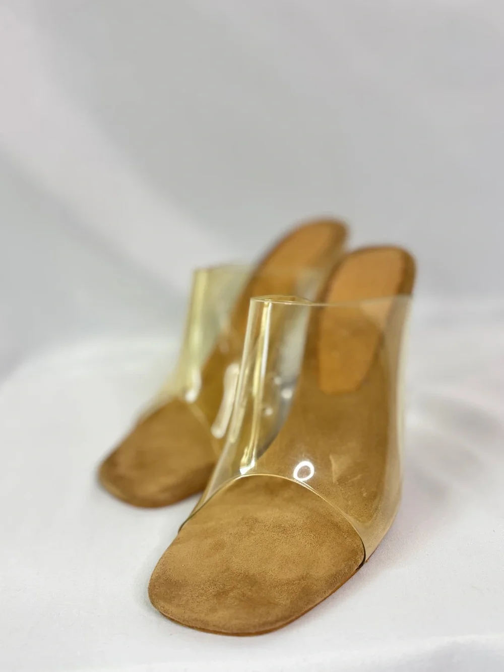 Jeffrey Campbell Clear Sculptural Wedge Slide Sandals‎ with Nude Footbed